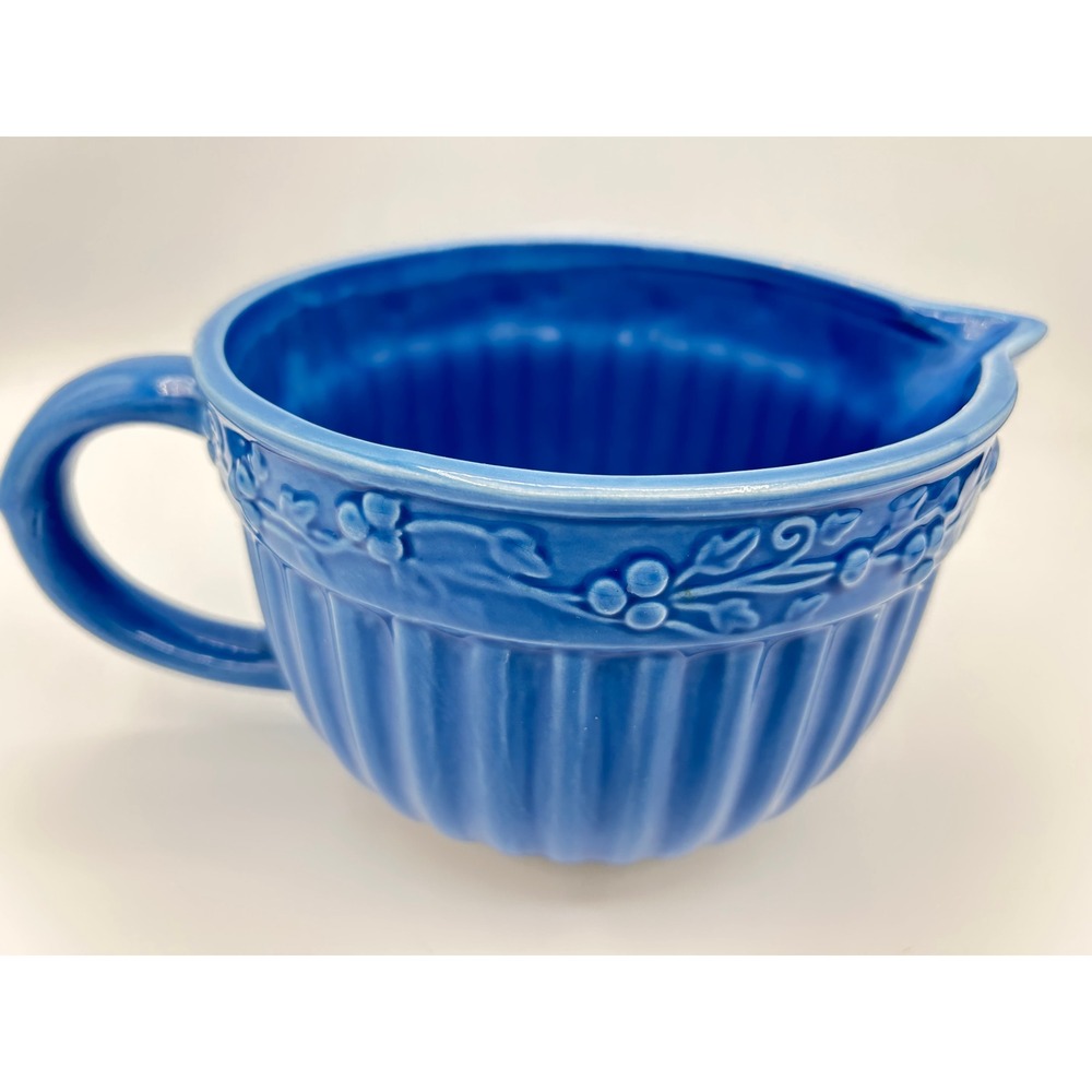 Vintage Swiss Colony Blue Ceramic Pottery Mixing Bowl Glossy Floral Pattern - Picture 3 of 6